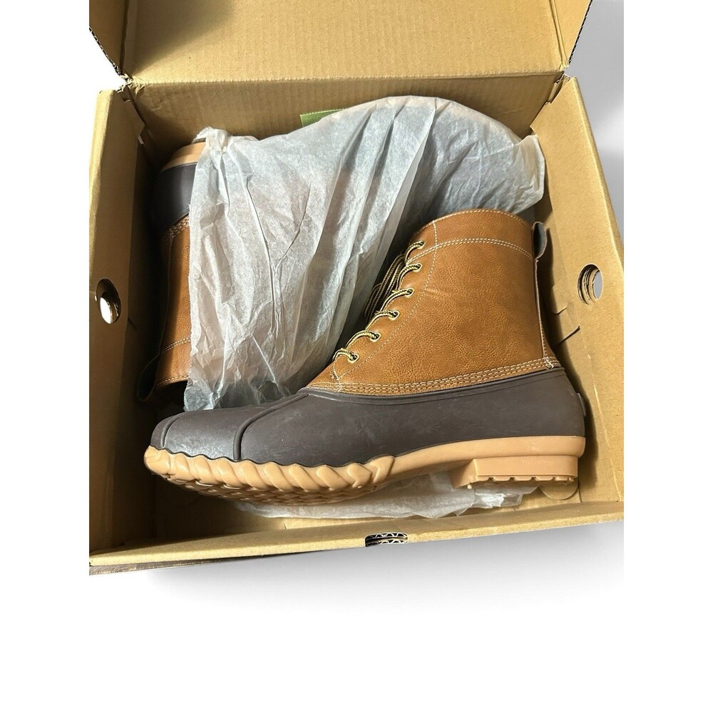 Weatherproof Men's Tan/Navy Leather Duck Boots Lace-Up Ankle Waterproof US 13D